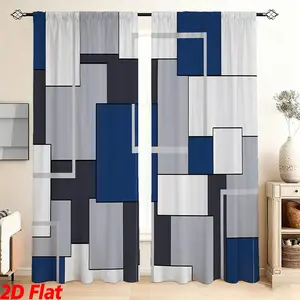Modern Geometric Block Pattern Curtains – Blue Grey Black Abstract Polyester Drapes for Living Room or Office