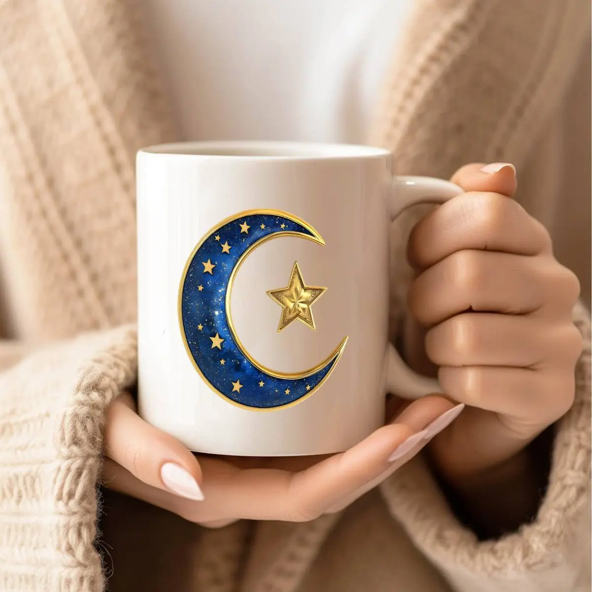 1pc, 11oz Ramadan Moon & Star Ceramic Mug - Insulated White Coffee Cup with Blue Celestial Design, Dishwasher Safe, Perfect Gift for Family, Celebrations, and Everyday Use, Everyday Coffee Mug |   Festive Drinkware |   Intricate Ceramic Design, Coffee Bar
