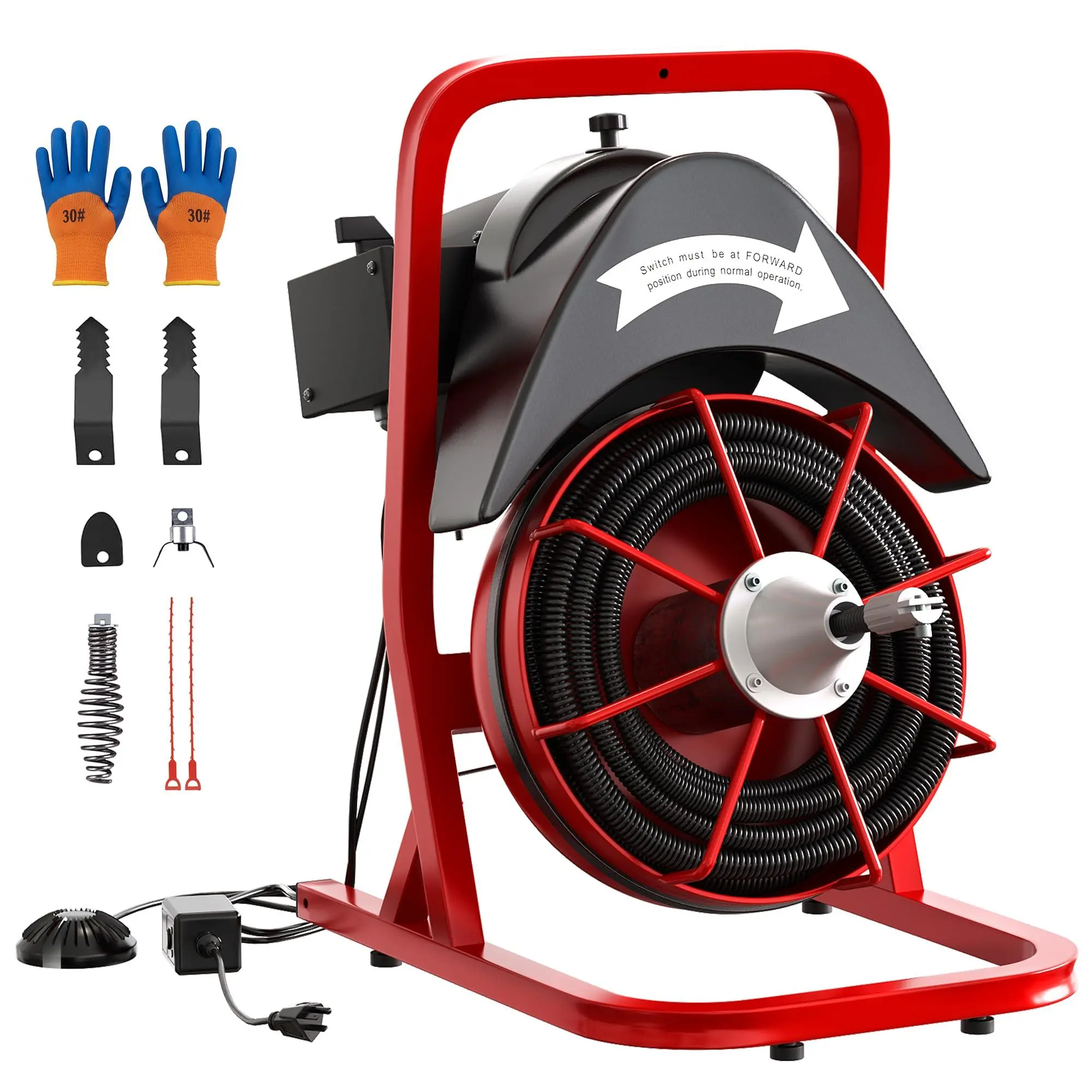 GARVEE Drain Cleaner Machine 75FT x 1/2 Inch Steel Core Cable Portable 370W Electric Drain Cleaning Machine With Sewer Auger, Cutter, Air-activated Foot Switch, for Commercial, Home