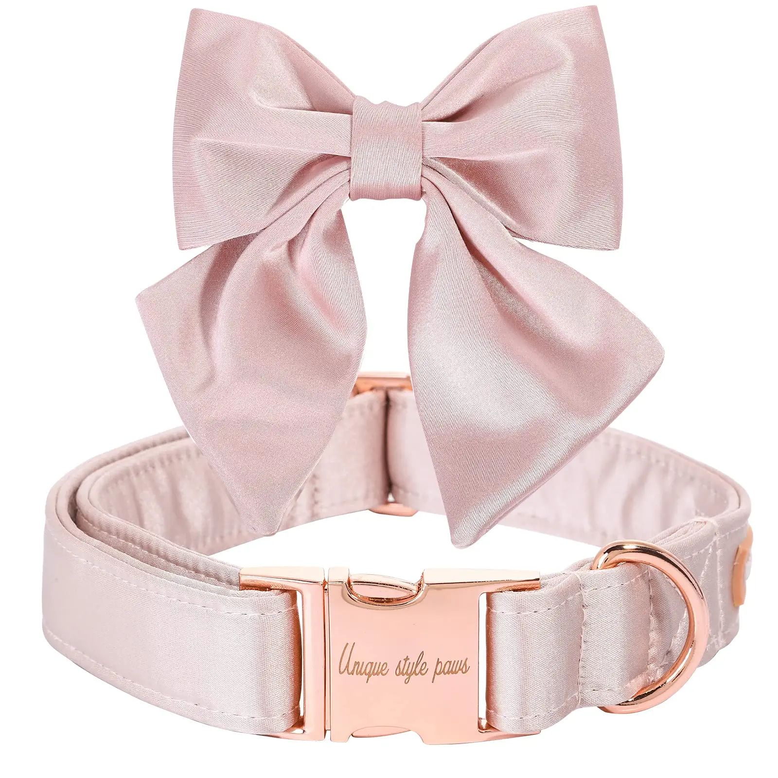 Unique Style Paws Silk Pink Dog Collar with Sailor Bow Tie, Adjustable & Durable Puppy Collar with Quick-Release Metal Buckle for Small to Large Dogs