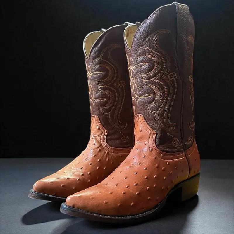 Red-Brown Ostrich Skin Boots. Round Toe Cowboy Boots. Full Grain Western Boots. Bota Vaquero De Hombre. Bota De Piel Avestruz Café.