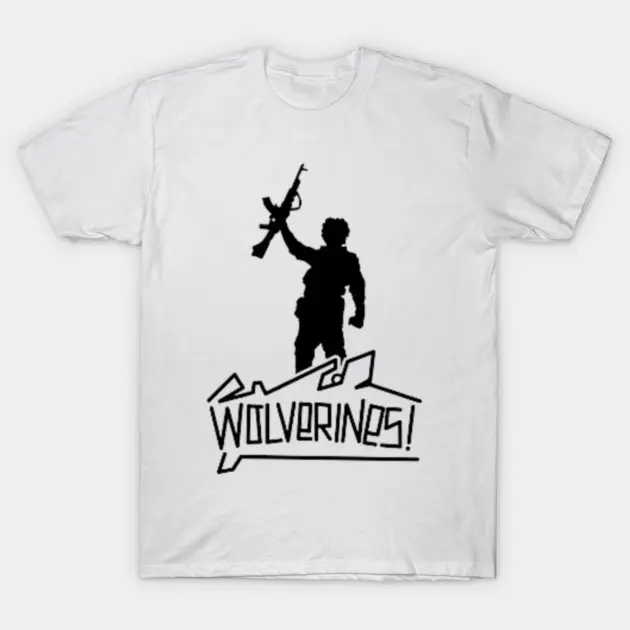 Red Dawn Movie Wolverines Soldier Holding Rifle Silhouette White T-Shirt, Classic Patriotic War Action Film Fan Tee, Retro Military Casual Top, Vintage War Movie Collector Gift