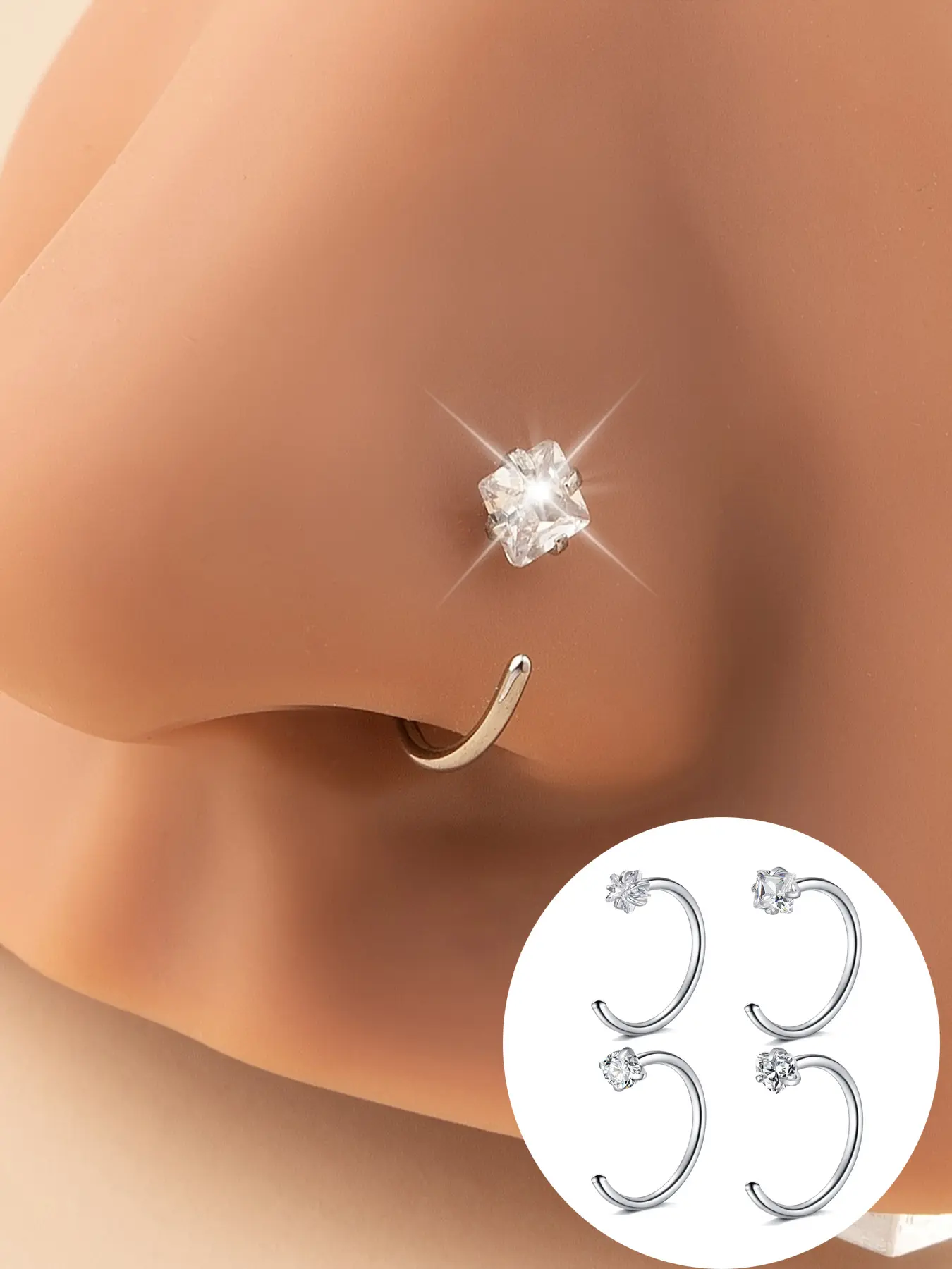 4Pcs C Shape Nose Rings Hoop, 18 Gauge 10mm Stainless Steel Hypoallergenic Nose Piercing Jewelry with Heart Star Round Square Cubic Zirconia, Sparkling Nostril Rings for Women Men Daily Wear & Party