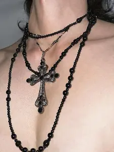 Black Multi-Layered Necklace With Black Pearls, Rhinestone, And Cross Pendant, Fashionable And Sophisticated Jewelry For Men And Women