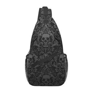 Crossbody chest bag Hiking backpack Black pattern skull print shoulder bag Foldable Large capacity Fashionable and durable Can be used for shopping, work, leisure travel, etc.