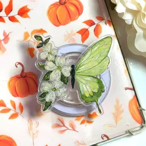 Elegant Green Butterfly and Floral Phone Grip, Saint Patrick’s Day Greenery Gift, Aesthetic Spring Flower Phone Holder, Clear Acrylic Nature Grip, Unique Birthday Gift for Butterfly Lovers