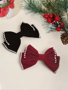Elegant Vintage Velvet Bow Hair Clips, 2pcs Autumn Winter Pearl Rhinestone Butterfly Knot Hair Accessories, Daily Use Ponytail Bun Clip, Hairpins