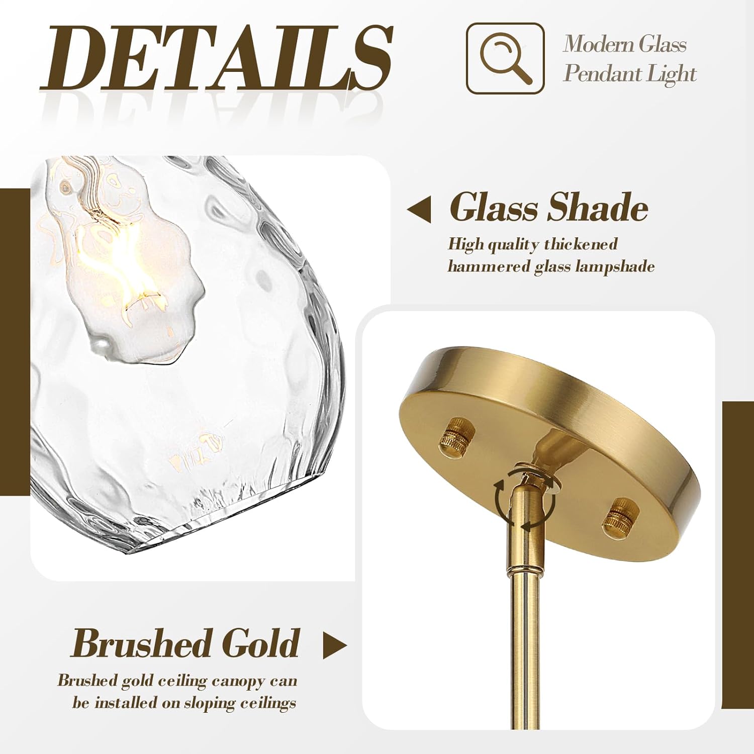 Glass Pendant Lights Kitchen Island, 1-Light Modern Brushed Gold Fixtures with Hammered Glass & Rods Small Hanging Light for Kitchen Sink Dining Room Bathroom