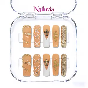 (D041) Golden Snake French Tip Mid-Square (1.3 inch) 10pcs Bangle Nails Y2K sweet cool luxury style handmade acrylic press on nails, 1.3 inch medium square shape, with a smooth, glossy finish for a comfortable fit,Valentine's Day, Reusable and durable
