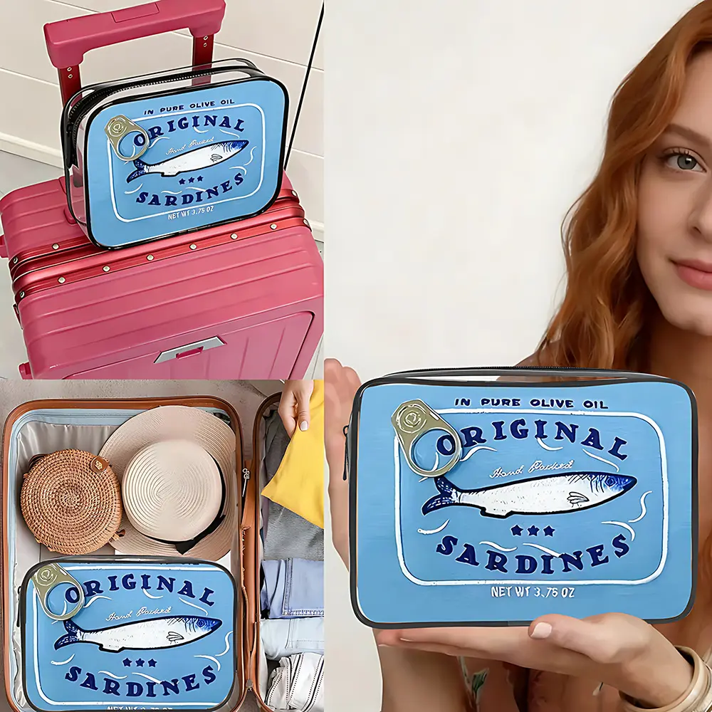 Novelty Canned Sardines Shaped PVC Cosmetic Pouch, Colorful Fish Print Waterproof Toiletry Bag, Lightweight Foldable Travel Makeup Organizer For Beach Camping Business And Daily Outdoor Storage