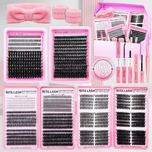 RITALASH 1673PCS Individual Eyelash Extensions Kit, DIY Eyelash Clusters, Diy False Eyelashes, Mixed Length & Style Volume False Lashes with Tweezers, Glue & Remover, Professional Eye Enhancement Set