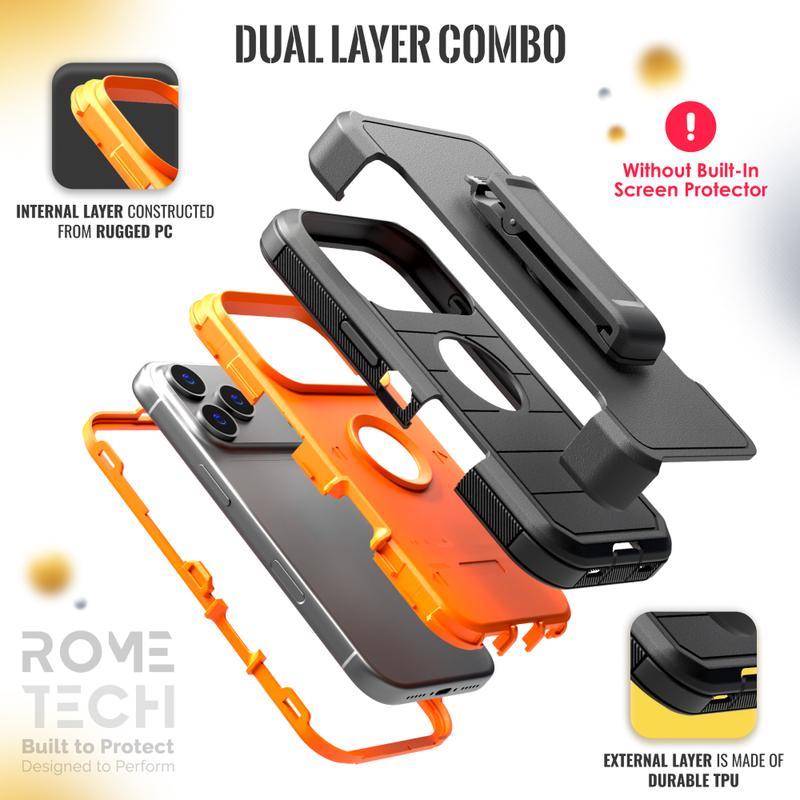 Rome Tech Shockproof Cover Defender Case for iPhone 17/16/15 Pro Max Four Layers of Protection Cellphone Casing Heavy-duty Protection Holster doubles as a kickstand