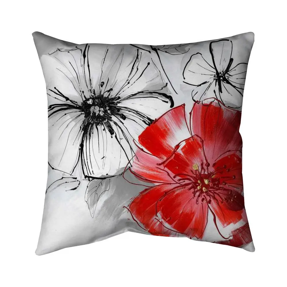 Begin Home Decor 5542-2020-FL44 20x20 in. Botanical Red & White Flower Sketch Pillow, Polyester Indoor/Outdoor Cushion with UV Protected, Fade Resistant White Floral Design