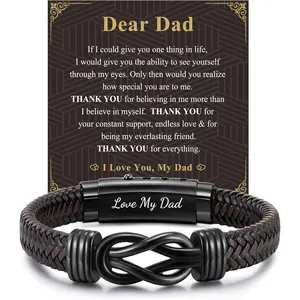 Mens Leather Bracelet Dad Gifts - Brown Braided Leather Infinity Knot Bracelets Engraved Love My Dad for Men, Daddy Jewelry Gift from Daughter Son for Father's Day Birthday