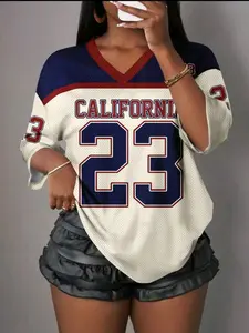 Women's Street Style Mesh V-Neck Loose Fit T-Shirt, Casual Printed Streetwear Top, Comfortable and Stylish, Perfect for Daily Wear