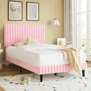 Velvet Blend Upholstered Bed Frame Wingback Channel Headboard Sturdy Wood Frame 600-800lb Capacity Foam-Padded Floor Protection Twin/ Full/ Queen/ King, Pink/ Green/ Black/ Blue/ White
