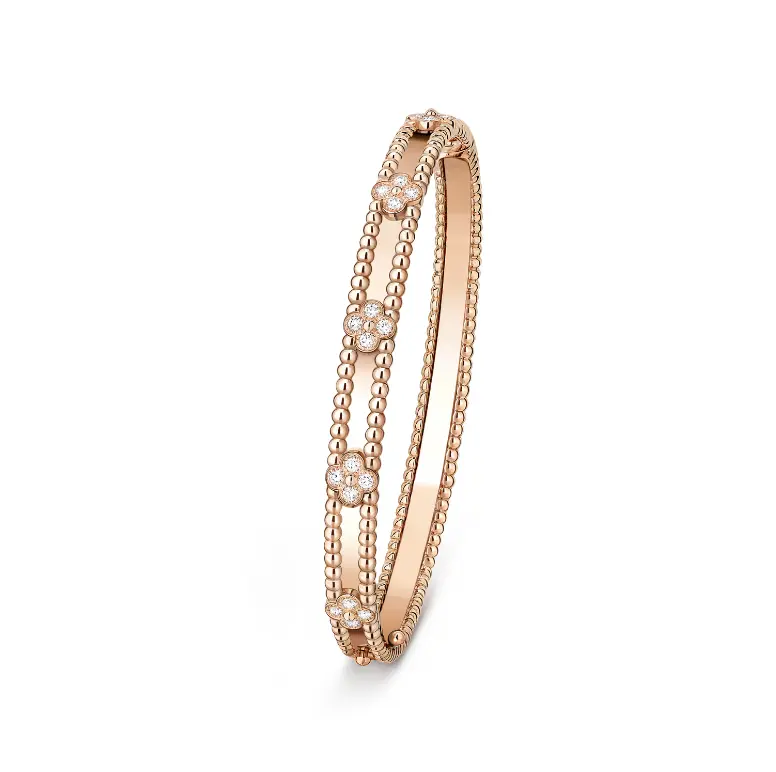 Pre-owned Van Cleef & Arpels Perlée sweet clovers bracelet, 18K rose gold, round diamonds, medium model，full set