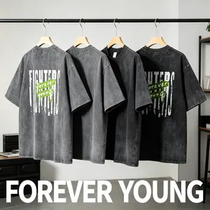Vintage Washed Tee "FIGHTERS forever young" Vertical Distressed Letter Graphic Oversized Cotton T-shirt