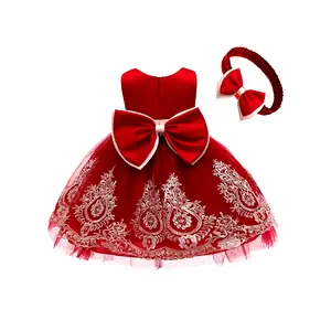 Baby Girls Pageant Lace Embroidery Dresses Toddler Party Bowknot Gown Dress with year old child