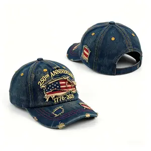 250th Anniversary 1776-2026 Damaged Denim Baseball Cap, American Flag Embroidery Pattern, Retro Washing Technology, Daily Casual Style, A Must-have For Patriotic Fans