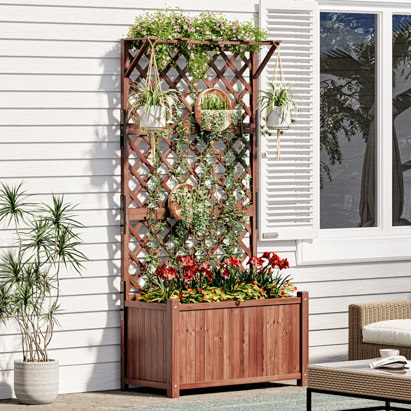 [Summerwins] [SummerFinds] AMERLIFE Raised Garden Bed with Trellis for Vegetables, Climbing Plants, Durable Natural Wood Planter Box with Drainage Holes, Privacy Planter for Outdoor Yard & Patio, Easy Assembly