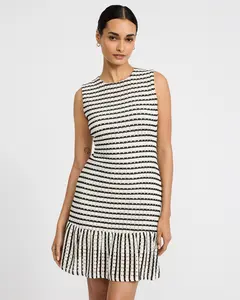 Express Crochet Striped Crew Neck Ruffle Hem Mini Sheath Dress