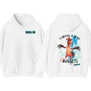 Surf’s Up Chicken Hoodie – Funny ‘I Can Feel It in My Nuggets’ Surfing Rooster Sweatshirt, Cute Cartoon Surf Hoodie, Coastal Beach Vibes Pullover, Trendy Graphic Hooded Sweater