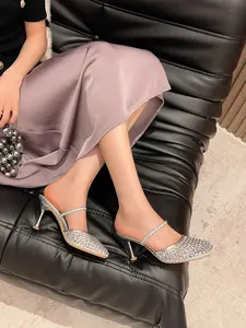 New Elegant Round Toe Rhinestone Mesh Stiletto Heel Sandals, Sexy Fashion Daily Commute Interview Work Korean Style High Heels