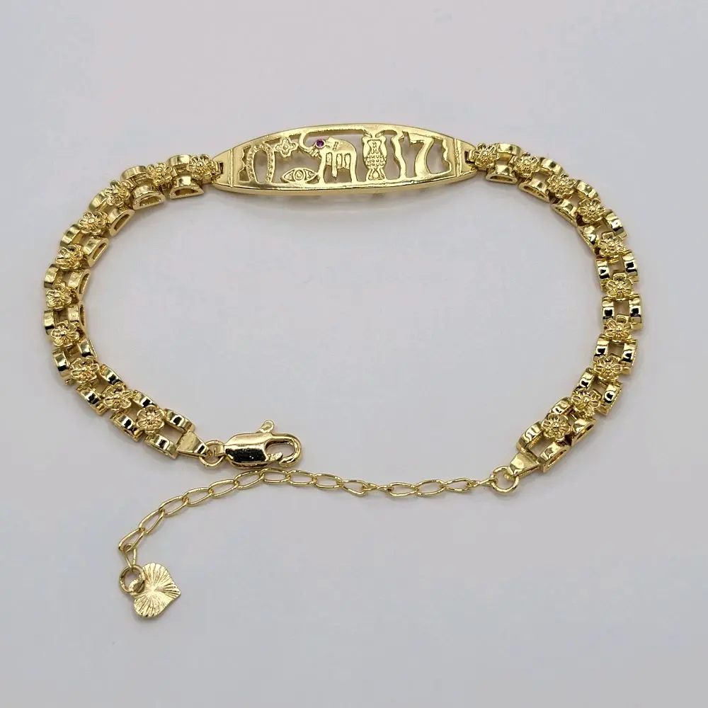 Seven Powers  Bracelet Adjustable sizes 7.5 to 8.5 inches Long Plate 11 mm wide, Chain link with flowers 6mm wide  Laminated Gold jewerly
