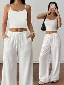 Women's Casual Summer White Linen Set - Cropped Camisole and Wide Leg Drawstring Pants