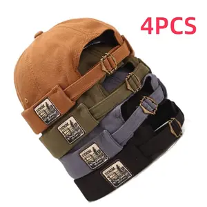 4PCS Retro Skullcap Mens Cotton Patch Brimless Sailor Cap Rolled Cuff Casual Beanie Hat