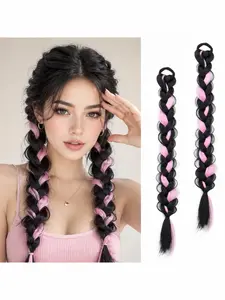 18-Inch Synthetic Long Box Braid Ponytail Extension — Women's Hairpiece in Mixed Black, Brown, Pink, and Gray