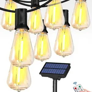 100ft Solar Powered LED String Lights, 52 St38 Edison Bulbs, 8 Modes, Waterproof, Adjustable Dimmable, 2500k, Outdoor Decor