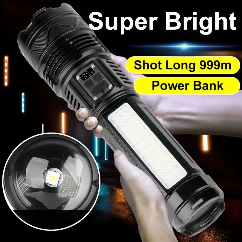 Super Bright Tactical LED Flashlight, Aluminum Alloy Body with Adjustable Beam, 5 Modes, Type-C USB Rechargeable with Lithium-Ion Battery for Camping & Emergencies