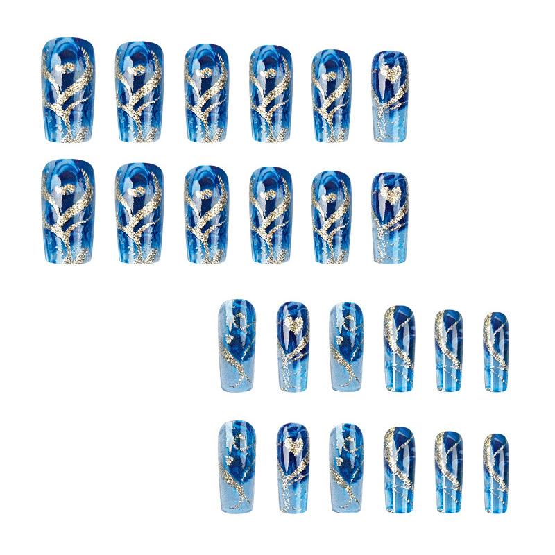 24 Pack Blue ombre Fake Nails - Gold Glitter Wave Heart Press on Nails with Bling Rhinestones（Reusable, No Glue Needed） 【Key Features】24PCS Gradient Blue Hearts Press on Nails 💎 Gold Wave Glitter Fake Nails For Teens 🔥 Quick Apply 30s