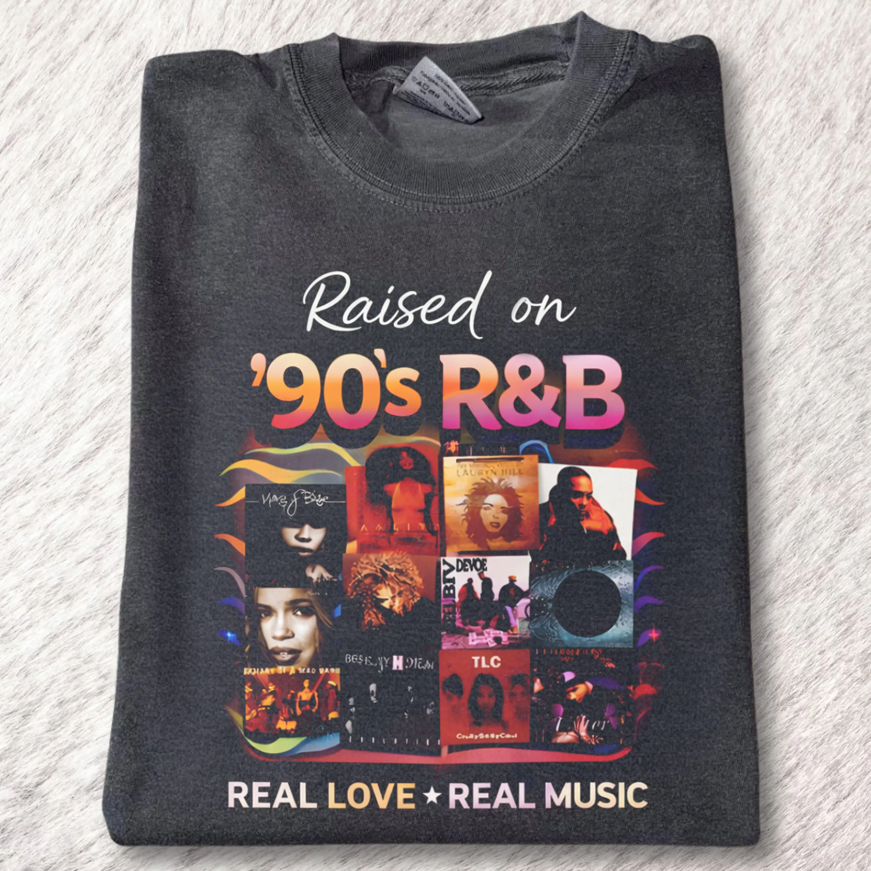 Vintage Raised On 90s R&B Real Love and Real Music Graphic Tee - Aaliyah And Selena Merch - Album Cover - 90s R&B - Printed Graphic Tee For Gift - Music Shirt - Top Menswear Womenswear Streetwear