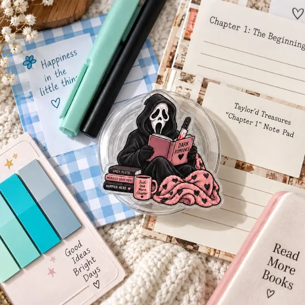 "Cozy Dark Romance Reading Reaper" MagSafe Phone Grip, Spooky Cute Chibi Reaper Reading Book PopSocket, BookTok Reader & Fall Aesthetic Accessory