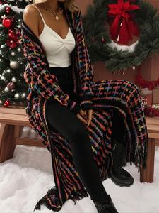 women's all over print fringe trim drop shoulder cardigan, long knitted coat for women, chic womenswear, long sleeve open front knitwear for fall & winter, fall outfits 2024, knit fall clothing women 2024 utah girl fits 80s