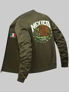 Men's Mexico Flag & Eagle & Letter Print Zip Up Bomber Jacket, Regular Fit Casual Long Sleeve Mock Neck Outerwear for Fall & Winter, Men's Clothes for Daily Wear