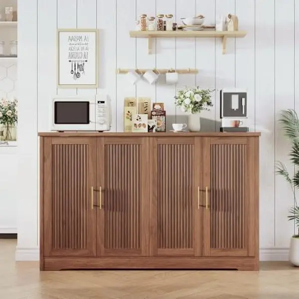 Gaomon Walnut Modern Fluted Sideboard Buffet Cabinet - Wood Credenza with 4 Fluted Doors, 2-Level Adjustable Shelves, Storage for Dining Room, Kitchen
