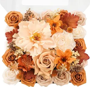 TINGE TIME Artificial Flowers Burnt Orange & Champagne Flower Combo for DIY Wedding Bouquets Table Centerpieces Arrangements Party Baby Shower Home Fall Decorations Box Decorative