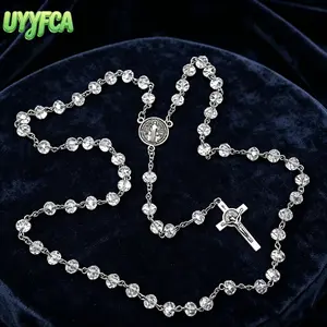 UYYFCA Crystal Bead Rosary Necklace with Saint Benedict Medal and Silver Crucifix Catholic Prayer Beads Christian Religious Jewelry