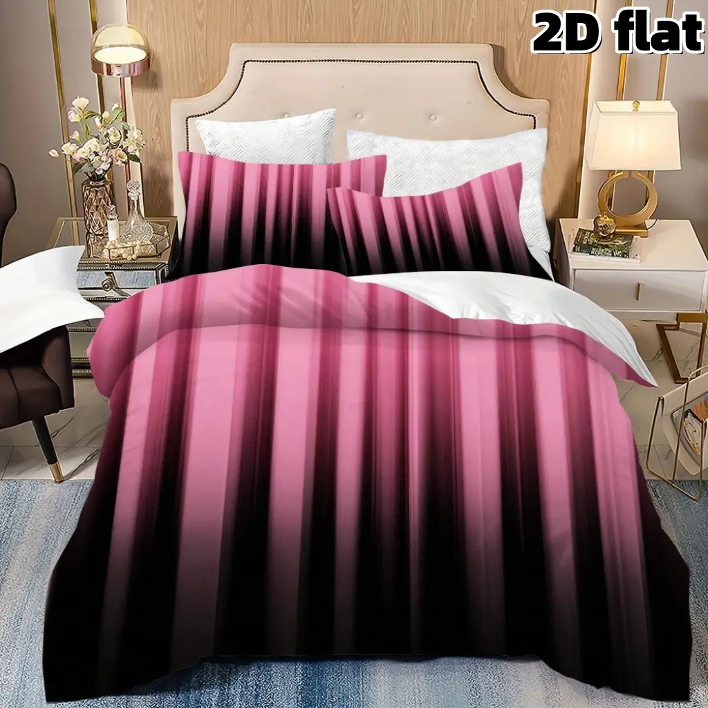 2D Flat 3Pcs Pink Black Ombre Gradient Duvet Cover - Modern Striped Bedding Collection with Pillowcases - Soft Microfiber Comforter Cover (1 Duvet Cover+2 Pillowcases, Unfilled) - Suitable for Bedroom Home Decoration, Housewarming Gift Duvet Cover Set