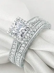 2 Pcs/Set Classical Cubic Zirconia Ring Set Stacking Rings For Women For Wedding Engagement Anniversary Party Band Jewelry Valentine's Day Gift