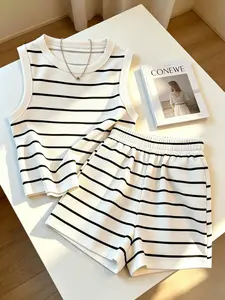 Striped Sleeveless Tank Top and Shorts Set, Casual Lazy Wear, Home Relax, Daily, Short Trip, Light Vacation