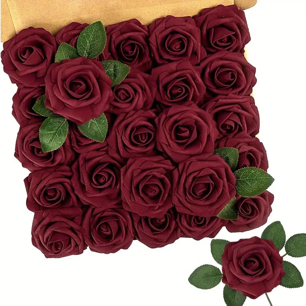 Artificial Rose Flowers, 50pcs Burgundy Foam Fake Roses Bulk with Stems for Decoration DIY Wedding Bouquets Centerpieces Bridal Shower Party Christmas Tree Decor