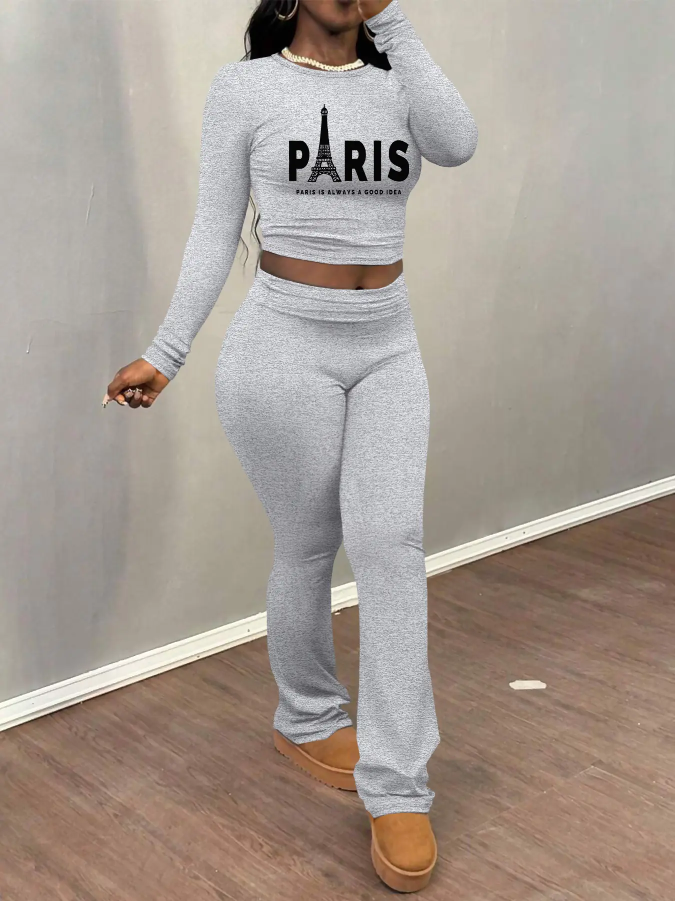 Women's Paris Eiffel Tower Print Casual Set, Long Sleeve Crop Top & Flare Pants, Fall Winter Fashion, Tight Fit Design
