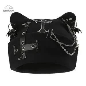 2026 New Arrival Unisex Gothic Cat Ear Beanie, Punk Chain & Bat Charm Y2K Grunge Black Warm Winter Hat, TikTok Shop Black Friday Christmas