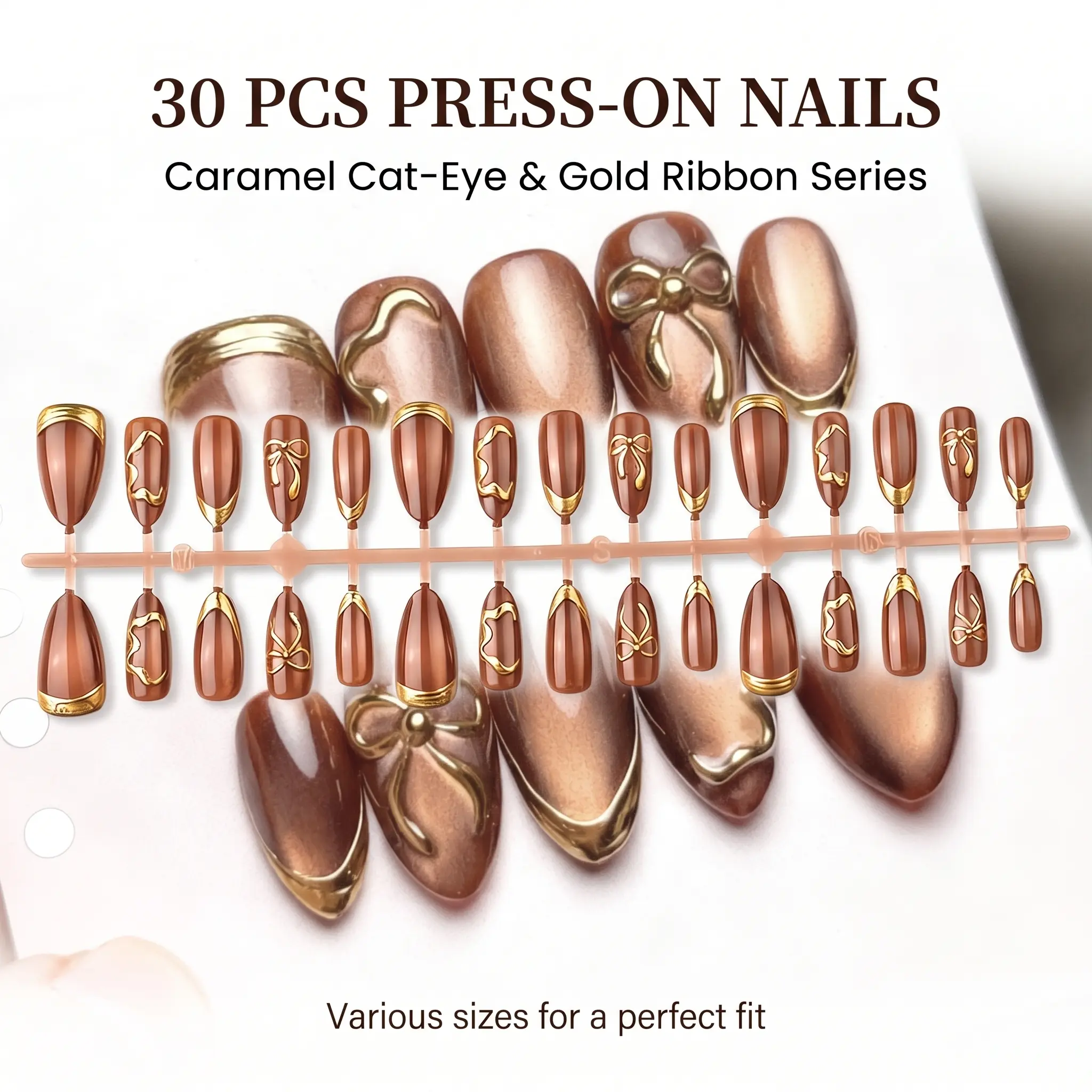Zatvios Autumn Luxury Gold Bow Press On Nails Warm Caramel Tone Chic Reusable Nail Kit