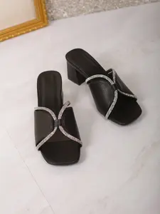 Summer New Rhinestone Chunky Heel Sandals Women, Square Toe Open Toe Slip-On Mid-Heel High Heels, Fashionable Comfortable Shoes